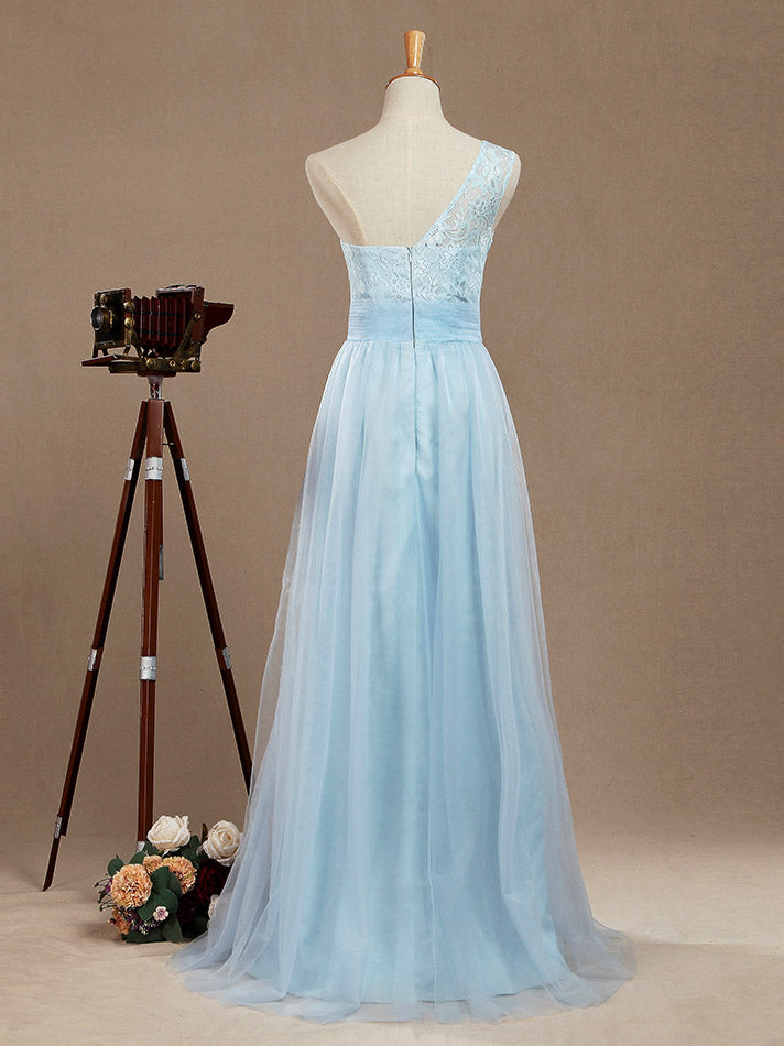 A-Line One Shoulder Floor Length Chiffon Lace Bridesmaid Dress with Pleats