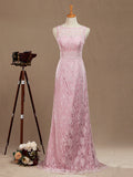 Sheath / Column Bateau Neck Floor Length Lace Bridesmaid Dress Open Back