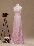 Sheath / Column Bateau Neck Floor Length Lace Bridesmaid Dress Open Back