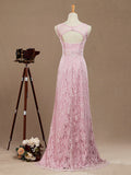 Sheath / Column Bateau Neck Floor Length Lace Bridesmaid Dress Open Back