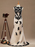 Mermaid / Trumpet Jewel Neck Tulle Prom Formal Evening Dress with Lace Appliques Open Back