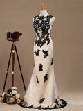 Mermaid / Trumpet Jewel Neck Tulle Prom Formal Evening Dress with Lace Appliques Open Back