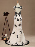 Mermaid / Trumpet Jewel Neck Tulle Prom Formal Evening Dress with Lace Appliques Open Back