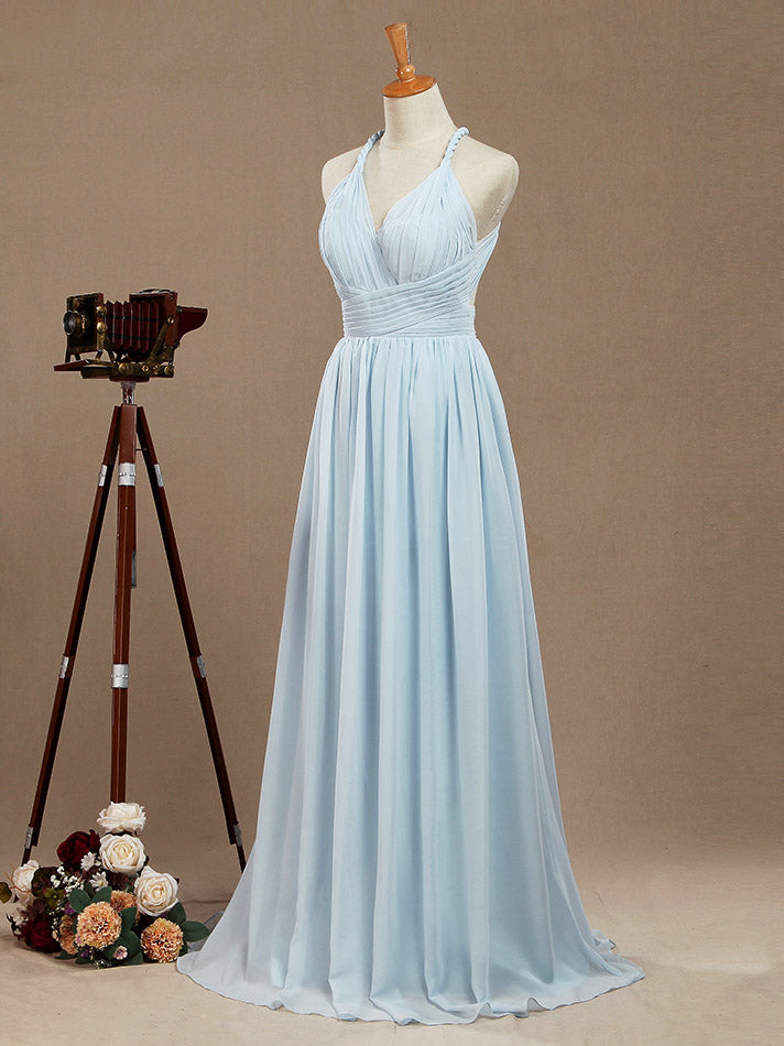 A-Line V-neck Halter Chiffon Floor Length Prom Formal Party Evening Dress