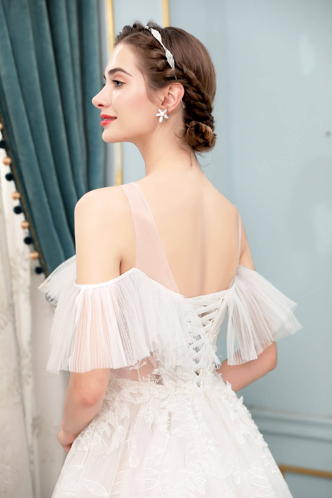 A-line Wedding Dresses Off Shoulder Floor Length Lace Short Sleeve