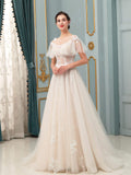 A-line Tulle Lace Applique Wedding Dresses Floor Length Short Sleeve
