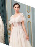 A-line Tulle Lace Applique Wedding Dresses Floor Length Short Sleeve