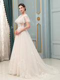 A-line Tulle Lace Applique Wedding Dresses Floor Length Short Sleeve