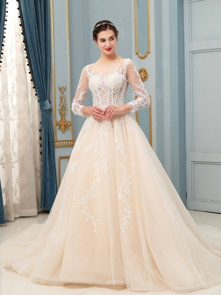 A-line Tulle Lace Applique Wedding Dresses Beaded Luxurious Floor Length Long Sleeve