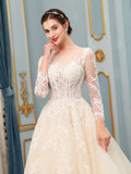 A-line Tulle Lace Applique Wedding Dresses Beaded Luxurious Floor Length Long Sleeve