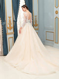 A-line Tulle Lace Applique Wedding Dresses Beaded Luxurious Floor Length Long Sleeve