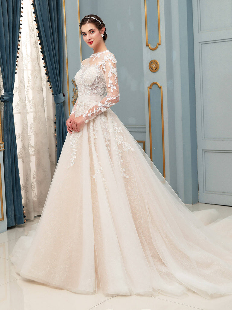 A-line Tulle Lace Applique Wedding Dress Beaded Luxurious Long Sleeve dressblee A-line Tulle Lace Applique Wedding Dress Beaded Luxurious Long Sleeve dressblee