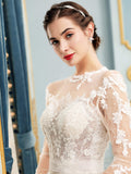 A-line Tulle Lace Applique Wedding Dresses Beaded Luxurious Floor Length Long Sleeve