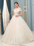 Ball Gown Wedding Dresses Beaded Luxurious Off Shoulder Floor Length Short Sleeve