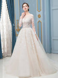 A-line Tulle Lace Applique Beaded Wedding Dresses Long Sleeveless Floor Length