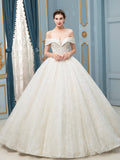 Ball Gown Tulle Lace Beaded Wedding Dresses Long Sleeveless Floor Length