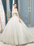 Ball Gown Tulle Lace Beaded Wedding Dresses Long Sleeveless Floor Length