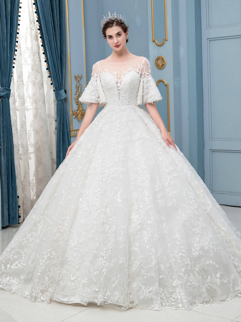 Ball Gown Lace Beaded Wedding Dresses Long Sleeveless Floor Length