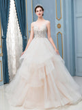A-line Tulle Beaded V-neck Wedding Dresses Sleeveless Floor Length