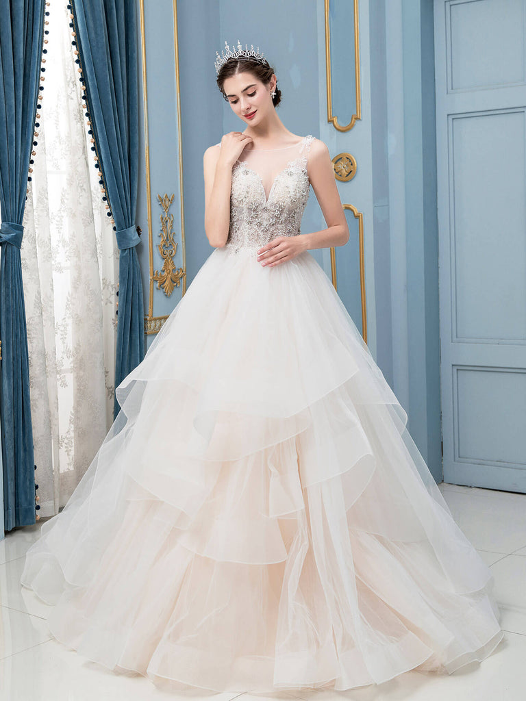 A-line Tulle Beaded V-neck Wedding Dresses Sleeveless Floor Length