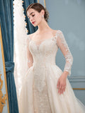 A-line / Mermaid Lace Beaded V-neck Wedding Dresses Long Sleeve Floor Length