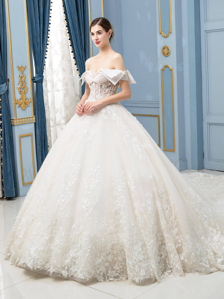 Ball Gown Wedding Dresses Beaded Luxurious Floor Length Off Shoulder Short Sleeve