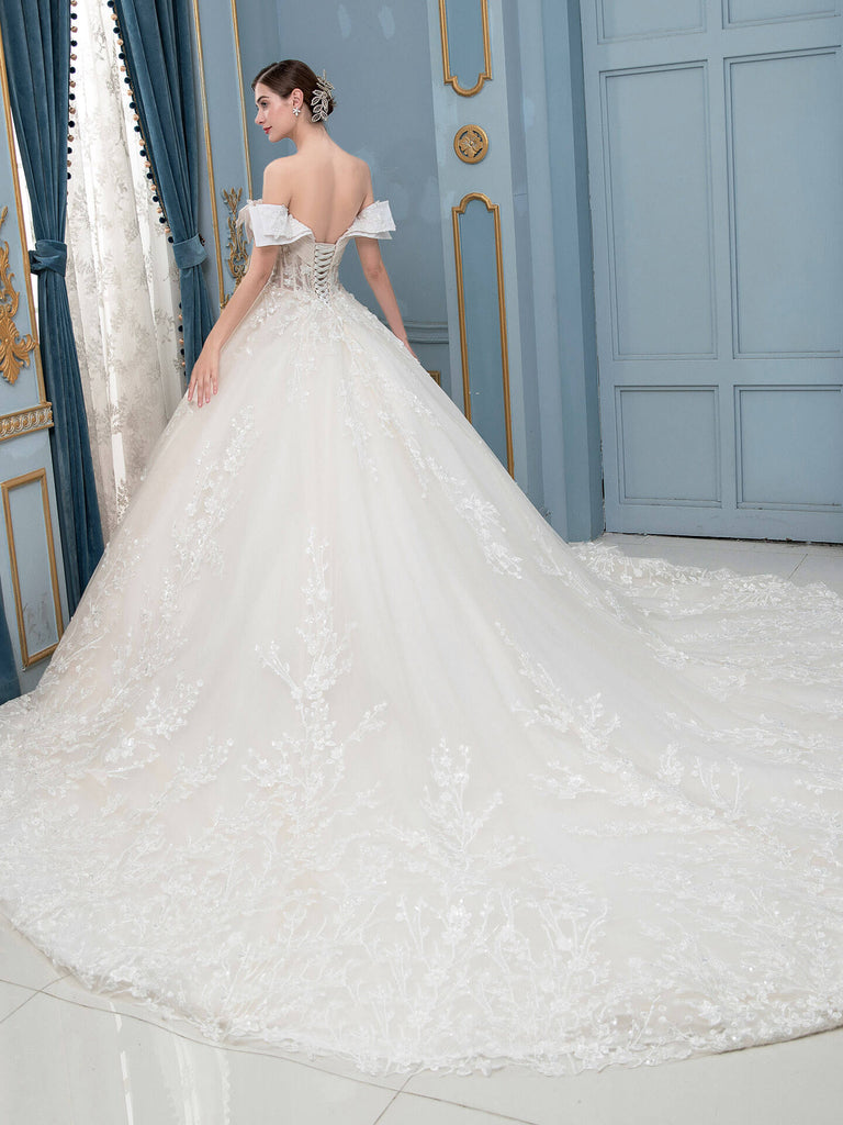 Ball Gown Wedding Dresses Beaded Luxurious Floor Length Off Shoulder Short Sleeve