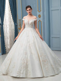 Ball Gown Wedding Dresses Lace Applique Beaded Luxurious Off Shoulder Floor Length Long Train
