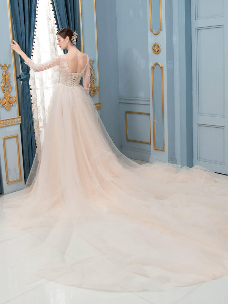 A-line Tulle Beaded Wedding Dresses Long Sleeve Floor Length With Long Train