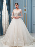A-line Lace Beaded Wedding Dresses Long Sleeve Floor Length With Long Train