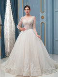 A-line Lace Beaded Wedding Dresses Long Sleeve Floor Length With Long Train