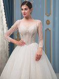 A-line Lace Beaded Wedding Dresses Long Sleeve Floor Length With Long Train