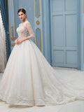 A-line Lace Beaded Wedding Dresses Long Sleeve Floor Length With Long Train
