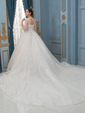 A-line Lace Beaded Wedding Dresses Long Sleeve Floor Length With Long Train