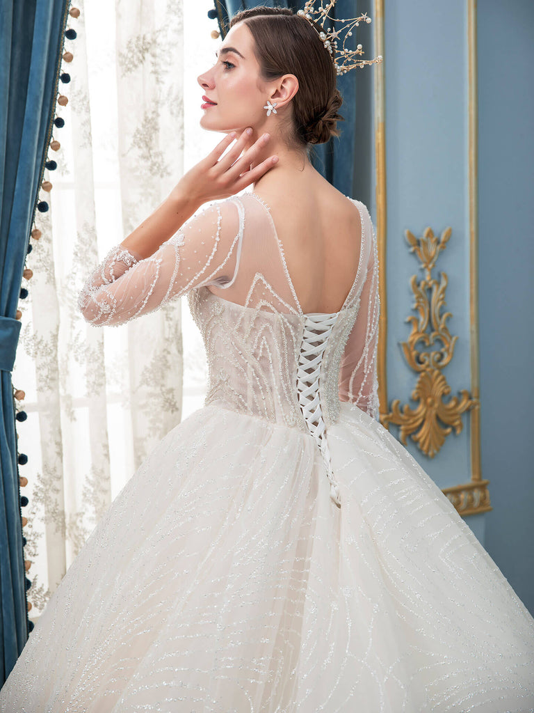 A-line Lace Beaded Wedding Dresses Long Sleeve Floor Length With Long Train