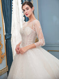 A-line Lace Beaded Wedding Dresses Long Sleeve Floor Length With Long Train