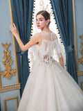 A-line Tulle Beaded Wedding Dresses Sleeveless Floor Length With Long Train