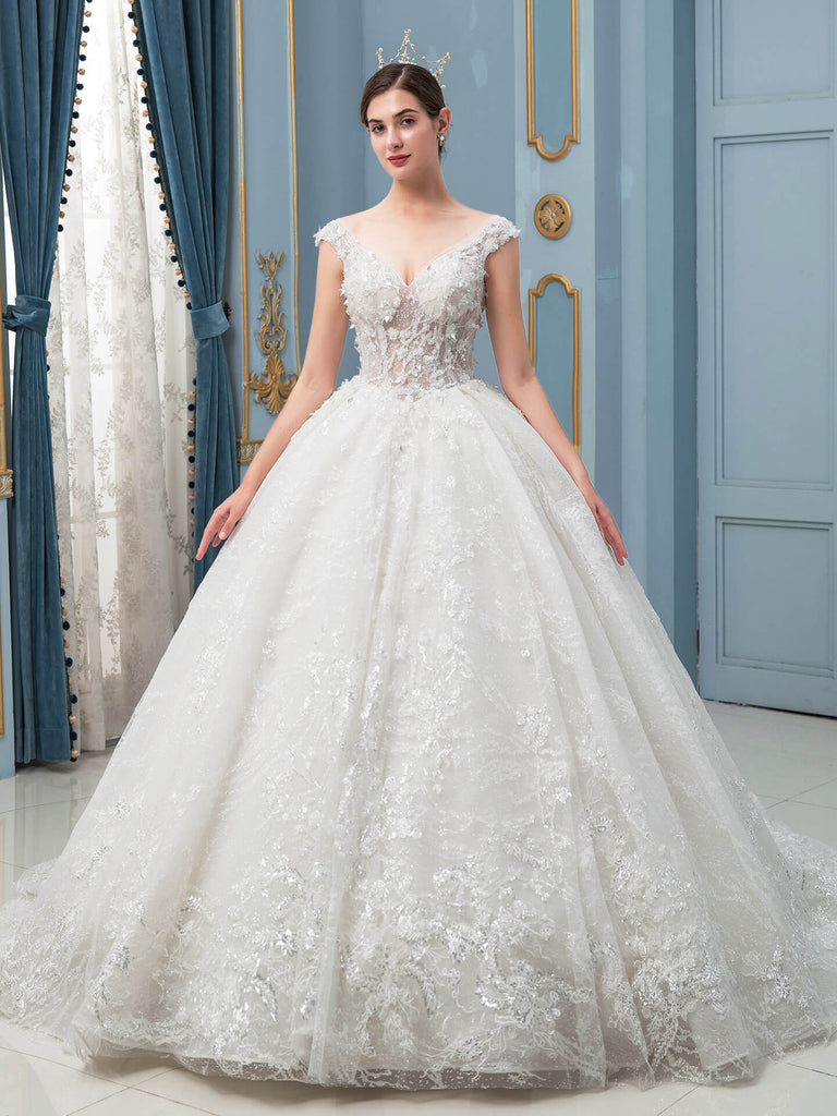 Ball Gown Wedding Dresses Handmade Beaded Luxurious Floor Length Sleeveless Long Train