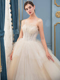 A-line Tulle Beaded Wedding Dresses Sleeveless Floor Length With Train