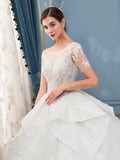 Ball Gown Wedding Dresses Handmade Beaded Luxurious Floor Length Short Sleeve With Long Train