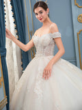 Ball Gown Wedding Dresses Handmade Beaded Luxurious Floor Length Off Shoulder With Long Train