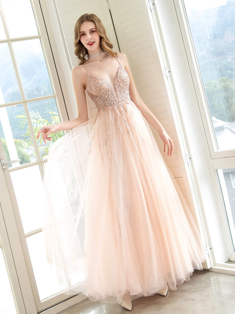 A-Line Glittering Fairy Engagement Prom Dress Spaghetti Strap Sleeveless Floor Length Tulle with Pleats Sequin - dressblee