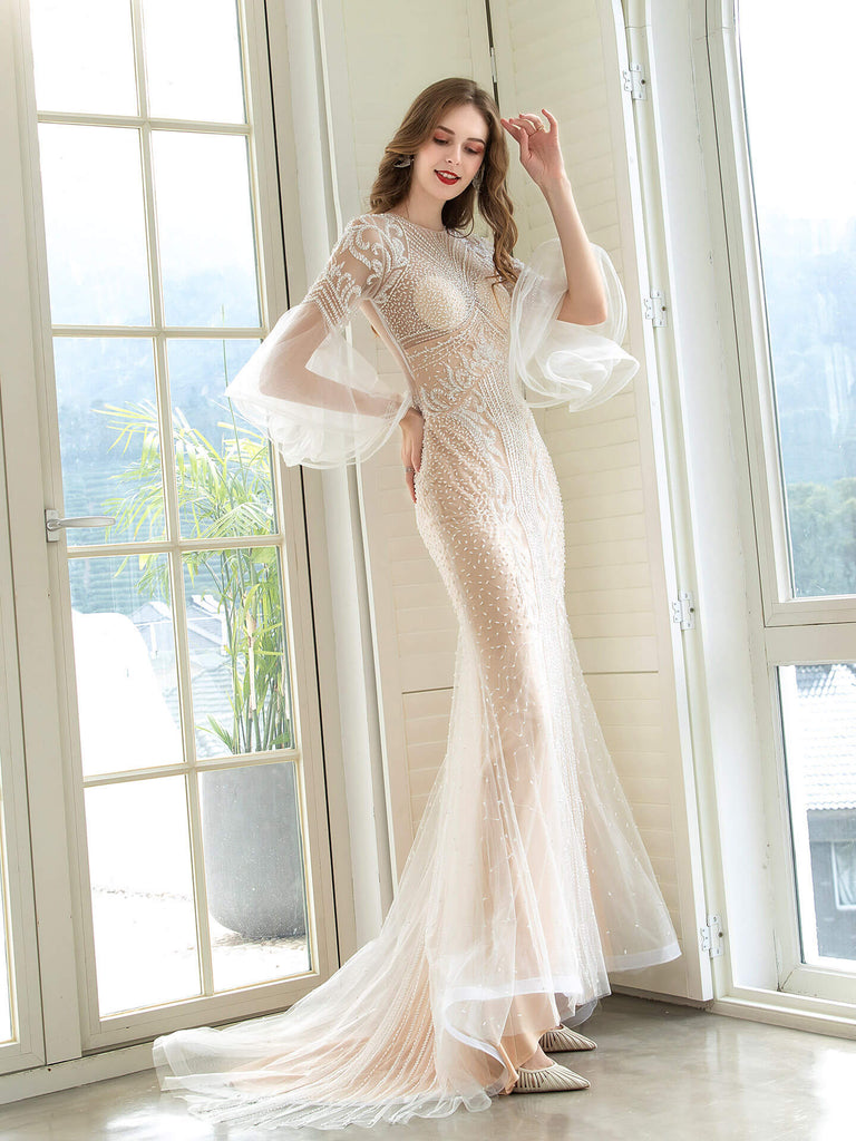 Mermaid Luxurious Sexy Engagement Formal Evening Dress Long Sleeves dressblee Mermaid Luxurious Sexy Engagement Formal Evening Dress Long Sleeves dressblee