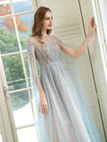 A-Line Luxurious Glittering Fairy Sexy Formal Evening Dresses Long Sleeve Floor Length