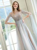 A-Line Luxurious Glittering Fairy Sexy Formal Evening Dresses Long Sleeve Floor Length