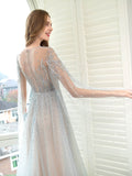 A-Line Luxurious Glittering Fairy Sexy Formal Evening Dresses Long Sleeve Floor Length