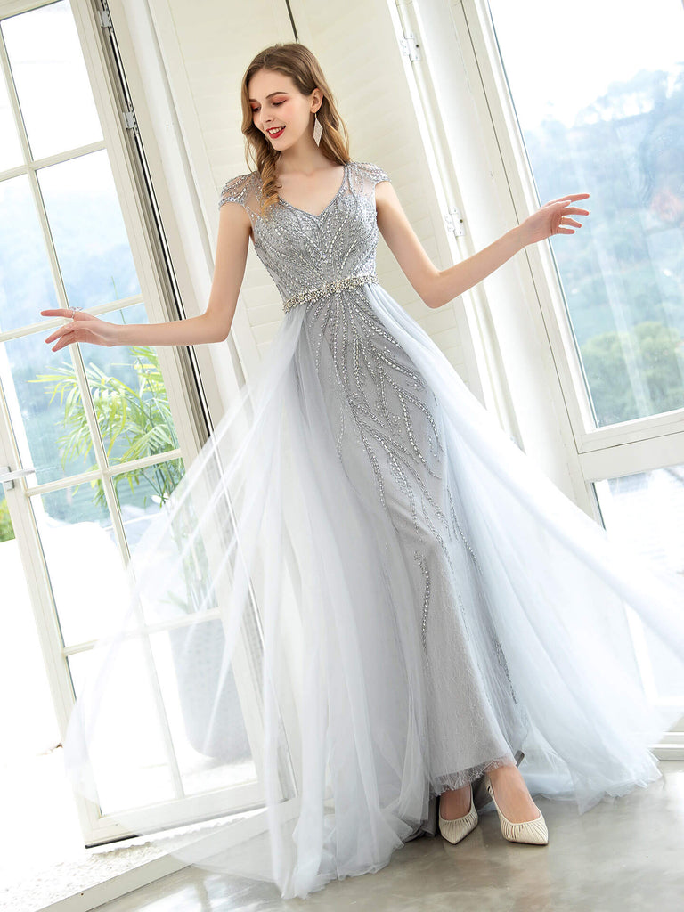 Mermaid Luxurious Sexy Formal Evening Dress Long Cap Sleeves dressblee Mermaid Luxurious Sexy Formal Evening Dress Long Cap Sleeves dressblee