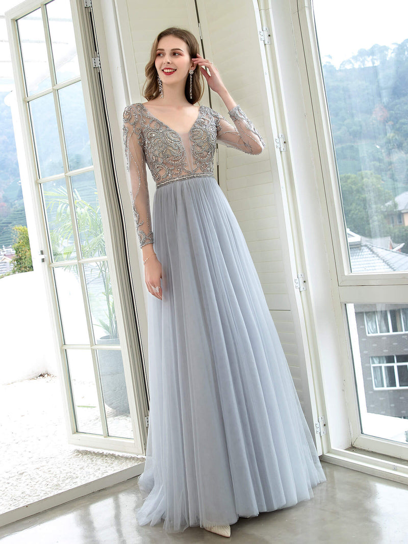 A-Line Tulle Beaded Luxurious Sexy Formal Evening Dresses Long Sleeves Floor Length
