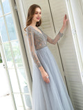 A-Line Tulle Beaded Luxurious Sexy Formal Evening Dresses Long Sleeves Floor Length