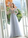 A-Line Tulle Beaded Luxurious Sexy Formal Evening Dresses Long Sleeves Floor Length